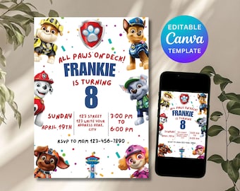 Editable Paw-ty Birthday Invitation Template | Kids Printable Party Invitation | Puppy Patrol Pup Crew Boys & Girls Bday | Instant Download