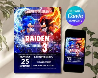 Editable Sonic The Hedgehog Birthday Invitation | Digital Sonic Invitation | Printable Sonic Invitation | Shadow The Hedgehog Invitation