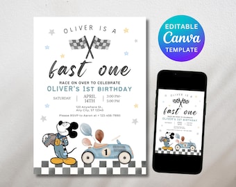 Editable Blue Mickey Roadster Racer Birthday Invitation, Editable Boy Party Invite, 1st Birthday Digital Download, Instant Download