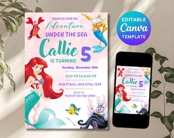 Little Mermaid Invitation, Princess Ariel, Disney Princess, Digital File, Birthday Invite, Little Mermaid Party, Ariel Invitation, Canva