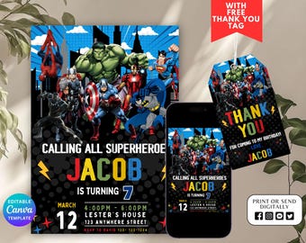 Invitación de cumpleaños de superhéroe, decoración para fiesta de Los Vengadores, plantilla imprimible y editable, descarga digital instantánea, Canva editable