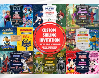 Invitación de cumpleaños doble personalizada, invitación de cumpleaños doble para niños, fiesta de hermanos, fiesta de cumpleaños conjunta, invitación de cumpleaños para hermanos gemelos