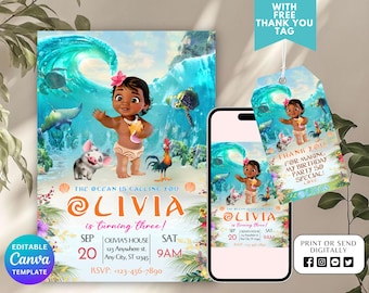 Baby Moana Birthday Invitation, Editable Digital Hawaiian Moana Birthday Invite, Kids Theme Party Invitation, Digital Baby Moana Template