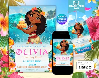 Editable Moana Birthday Invitation, Digital Hawaiian Moana Birthday Invite, Kids Theme Party Invitation, Digital Moana Beach Template, Canva