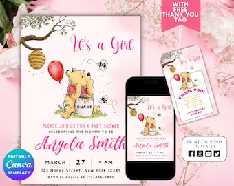Editable Winnie the Pooh Baby Shower Invitation, Digital Invitation Oh Girl, Pink Winnie The Pooh Invitation, Pooh Printable Thank You Tag