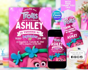 Trolls Invitation, Trolls Birthday Invite Printable, Trolls Craziest Party Birthday Invitation, Digital Trolls Party Editable Template Canva