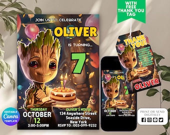 Editable Groot Birthday Invitation, Groot Birthday Invitation Template, Printable Birthday Party Invitation, Canva Digital Kids Party Invite