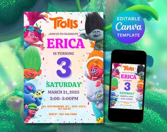 Trolls invitation, Trolls Birthday Invite Printable, Trolls Craziest Party Birthday Invitation, Digital Trolls Party Editable Template Canva