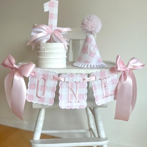 Pink & White Gingham First Birthday Banner, Hat, Cake Topper | Classic Pink Cake Smash Photo Prop | Heirloom Keepsake Bundle