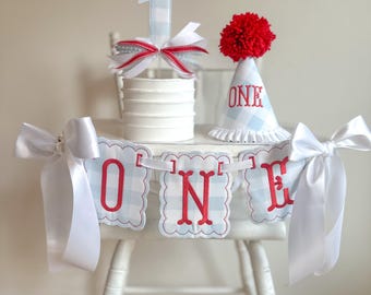 Personalized Americana Red White Blue Gingham First Birthday High Chair Banner, Party Hat, Cake Topper | Classic Theme | All American Boy