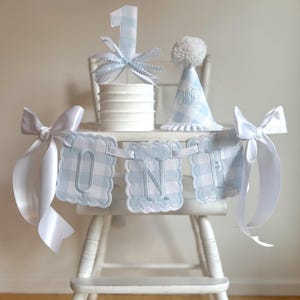 Blue & White Gingham First Birthday High Chair Banner, Party Hat, Cake Topper | Classic Theme | Boys Birthday | Embroidered Heirloom Goods