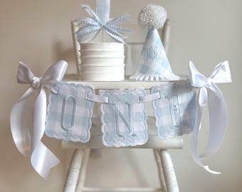 Blue & White Gingham First Birthday High Chair Banner, Party Hat, Cake Topper | Classic Theme | Boys Birthday | Embroidered Heirloom Goods
