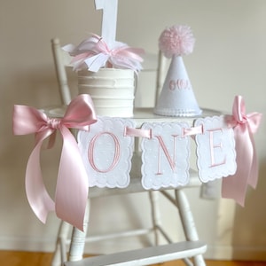 Pink & White Swiss Dot First Birthday High Chair Banner, Party Hat, Cake Topper  | Classic Pink Cake Smash  | Heirloom Keepsake Banner