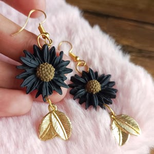 Black Floral Earrings | golden charm | hand made Polymer clay