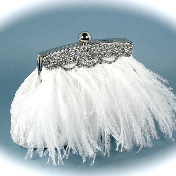 Wedding Clutch, White Bridal Clutch, Ostrich Feather Clutch, Weddings Vintage Style with Rhinestone Trim