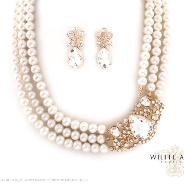 Vintage Style Pearl Bridal Necklace Earrings, Gold Multi Strand Pearl Necklace, Wedding Jewelry Set, Chunky Statement Necklace