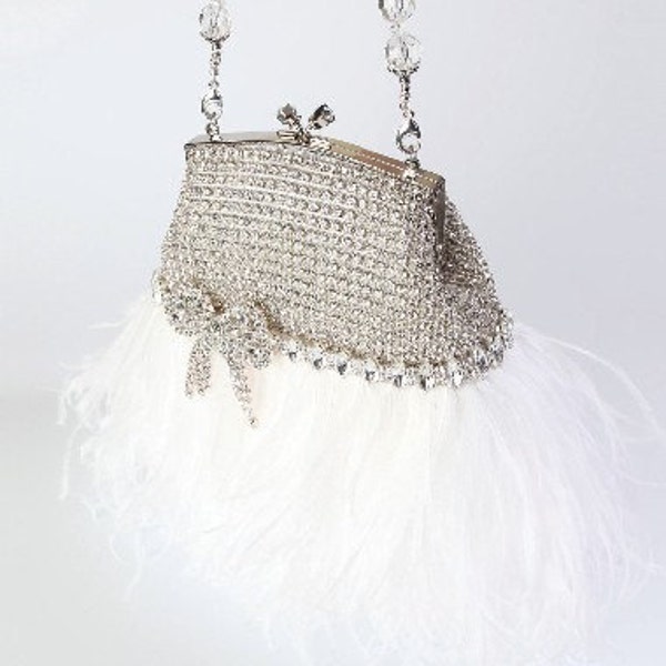 Rhinestone Bridal Clutch Purse Vintage Style with White Ostrich Feathers, Rhinestone Bow Accent, and Beaded Handle/Necklace