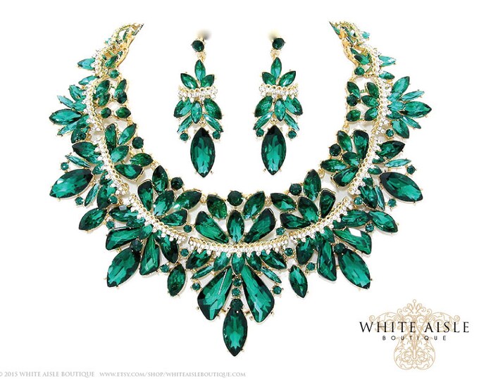Emerald Green Bridal Jewelry Set Crystal Statement Necklace Etsy
