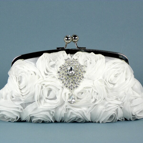 Bridal Clutch White Chiffon Lace Rosettes and Crystal Accent