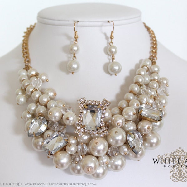 Pearl Bridal Jewelry Set, Statement Necklace, Chunky Pearl Necklace, Wedding Jewelry Set, Crystal Necklace, Vintage Style Bridal Necklace