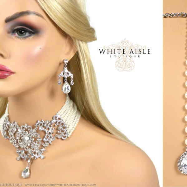 Bridal Jewelry Set, Pearl Bridal Statement Necklace Earrings, Vintage Style Pearl Crystal Bridal Choker