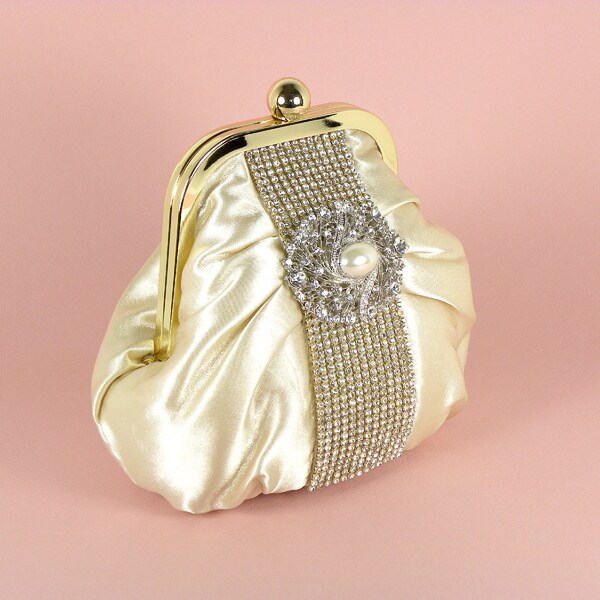 EMILIE - Champagne Satin Rhinestone Bridal Clutch with Rhinestone Pearl Accent