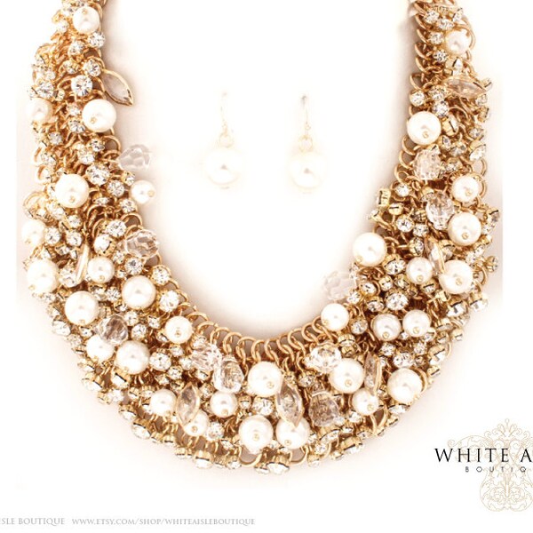 Vintage Style Pearl Bridal Necklace Earrings, Bib Necklace, Statement Necklace, Gold Bridal Jewelry, Wedding Jewelry Set, Chunky Necklace