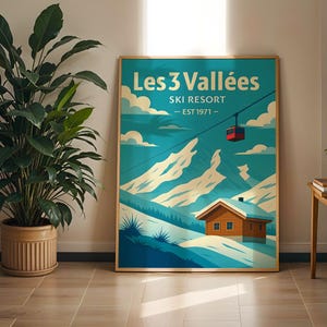 Les 3 Vallées Ski Resort Digital Poster Download Vintage French Alps Winter Travel Art Snow Cabin Mountain Print Chalet Wall Decor
