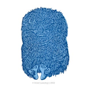 Sitzendes Monster Holzschnitt (Blau)