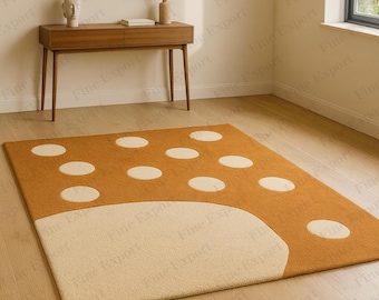 Tapis capitonné fait main en laine : salon géométrique à pois, orange brûlé et beige