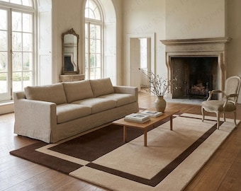 Handmade Luxury Hand Tufted Rich Brown Rug, Modern Beige Area Wool Carpet for Home.