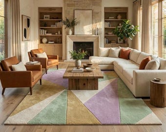 Pastel Geometric Wool Area Rug, Modern Abstract Carpet, Sage Green Lavender Beige Rug
