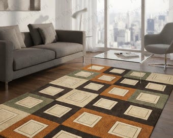Hand-Tufted Boho Geometric Area Rug – Multi Color Square Pattern Carpet For Living Room, Bedroom