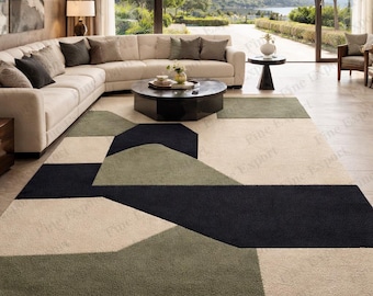 Handmade Tufted Geometric Rug – Modern Green Beige Abstract Carpet For Living Room, Bedroom
