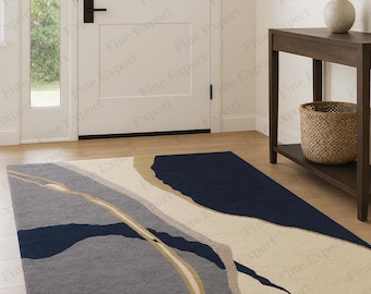 Handgjord tuftad modern abstrakt matta i blått och grått – Lyxig tuftad matta med beige accenter.
