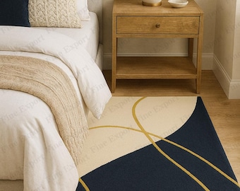 Handmade Hand-Tufted Wool Rug, Navy Cream Mustard Curves, Modern Abstract Area Rug