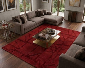 Handtufted Deep Red Modern Wool Carpet Geometric Pattern Tufted Rug Home Decor