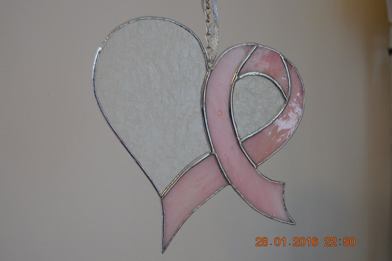 Stained Glass Suncatcher Pink Ribbon Heart Breast Cancer Etsy