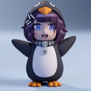 May include: A figurine of a person in a penguin costume. The figure has purple hair, blue eyes, and an open mouth. The penguin costume is black and white with orange feet and a zipper detail.