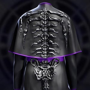 May include: A black garment featuring a silver skeleton design on the back. The garment is trimmed with purple at the neckline and waist. The skeleton design is detailed and appears metallic.