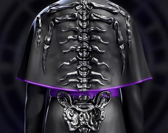 May include: A black garment with a silver skeleton design on the back. The garment has purple trim along the neckline and waist. The skeleton design is detailed and appears to be metallic.