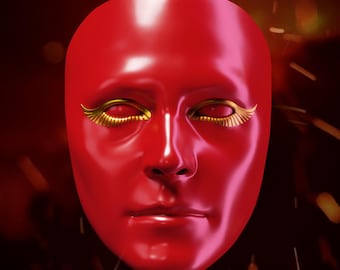 May include: A glossy red mask with gold-colored eyelashes. The mask has a smooth, reflective surface and is set against a dark, blurred background with scattered light particles. The mask's design is symmetrical, with a defined nose and closed eyes.