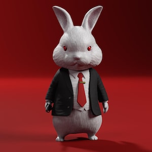 May include: A white rabbit character wearing a black suit, red tie, and white shirt, standing against a red background. The rabbit has red eyes and is holding a small black object in its right paw. The image is a digital illustration.