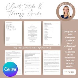 Könnte beinhalten: Ein digitaler Therapie-Leitfaden mit dem Titel "Client Intake & Therapy Guide" in eleganter Schrift. Der Leitfaden enthält Formulare und Informationen, die Therapeuten helfen sollen, eine einladende Kundenerfahrung zu schaffen. Der Leitfaden ist vollständig in Canva bearbeitbar und umfasst 17 Seiten.