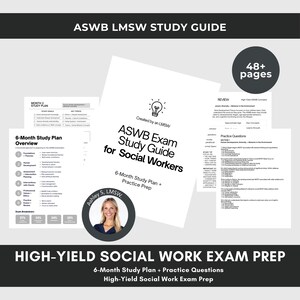 Könnte beinhalten: Ein Studienführer für die ASWB LMSW-Prüfung. Das Cover zeigt den Titel "ASWB Exam Study Guide for Social Workers" mit einem 6-Monats-Studienplan und Übungsaufgaben. Enthält ein Foto von Ashley S, LMSW, und eine Grafik "48+ Seiten".