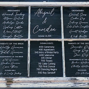 Może przedstawiać: Rustykalna, biała rama okienna z ciemnym tłem, z elegancką białą kaligrafią. Okno podzielone jest na sekcje z nazwiskami na wesele, w tym drużbami, rodzicami i harmonogramem wydarzeń. Data ślubu to 25 października 2025.