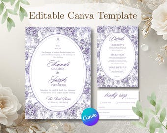 Lavender Floral Wedding Invitation Template | Editable Vintage Toile Canva Suite (Digital Download)