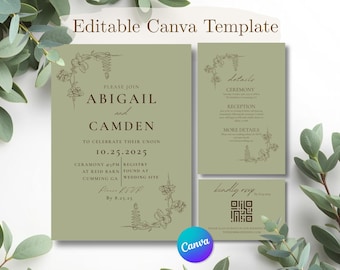 Sage Botanical Wedding Invitation Suite, Minimalist Floral Canva Template (Digital Download)