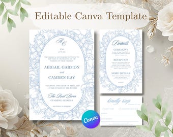 Blue Bouquet Wedding Invitation Suite | Regency Period Inspired Floral Canva Template