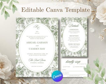 Sage Floral Wedding Invitation Suite | Vintage Toile Canva Template (Digital Download)
